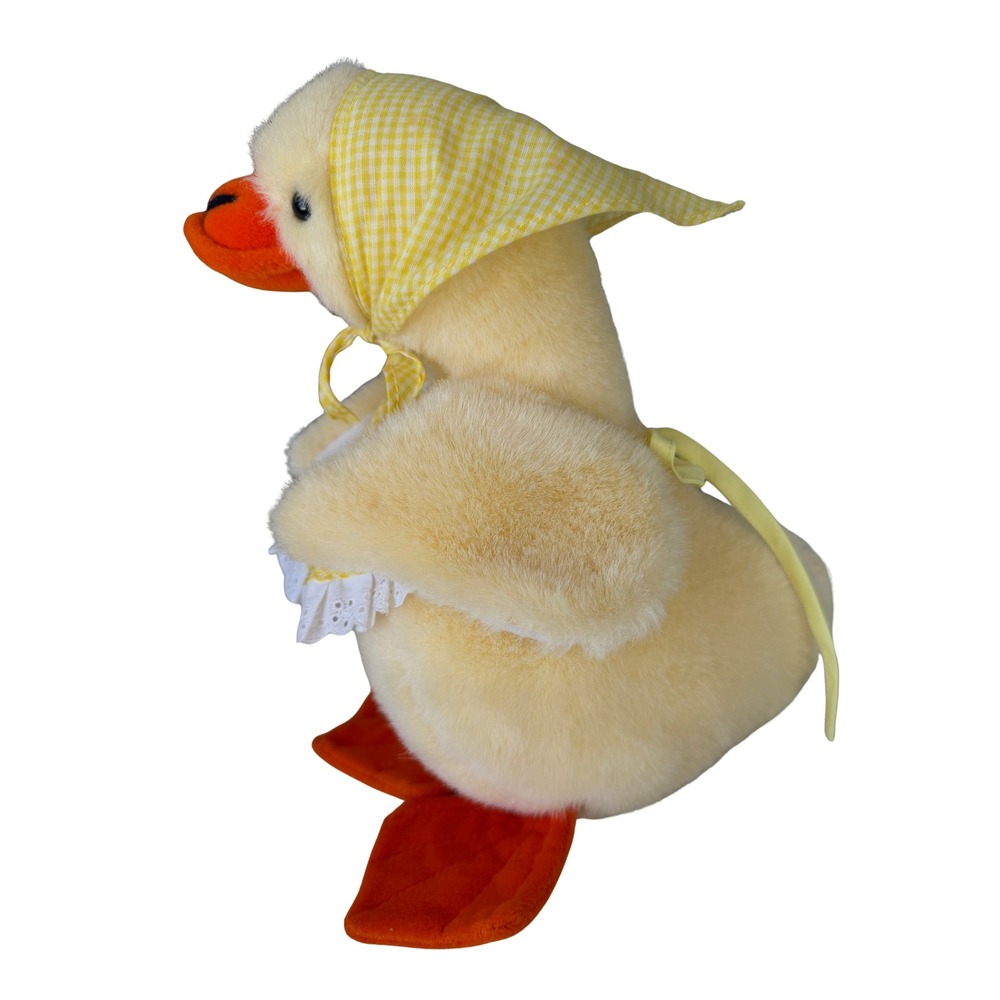 Vintage 1985 Prestige Toy Corp Duck Duck Plush Yellow Gingham Bonnet Lace 1980s